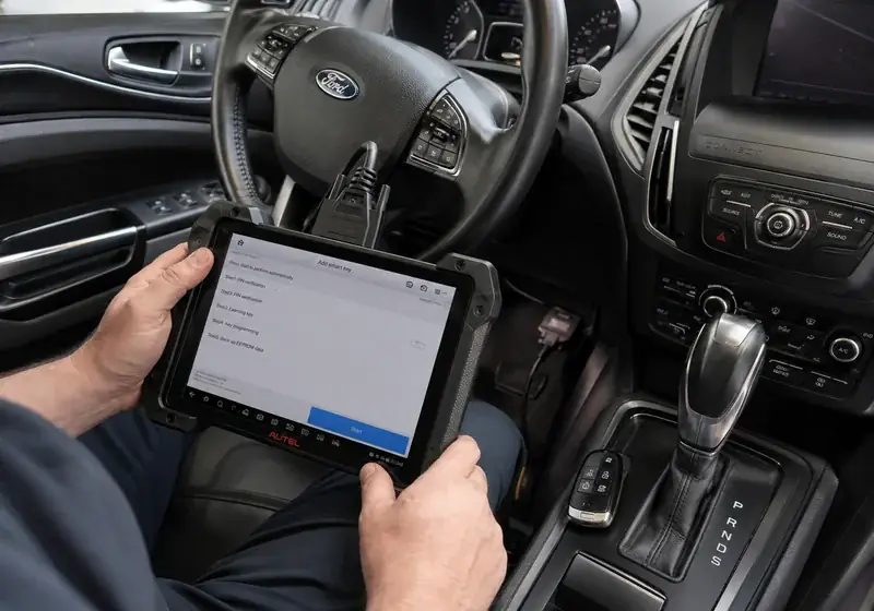 Technician programming a transponder car key using OBD-II diagnostic equipment